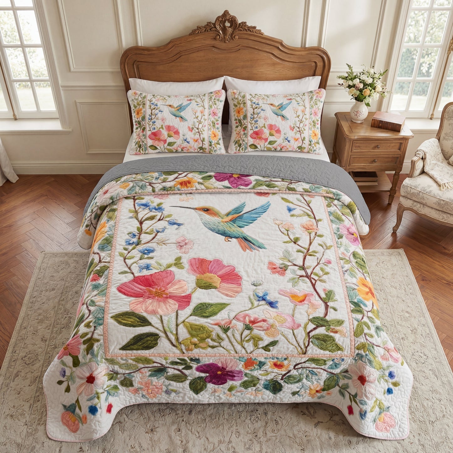 Shineful All Season Quilt 3-Piece Set Cottage Bloom Hummingbird