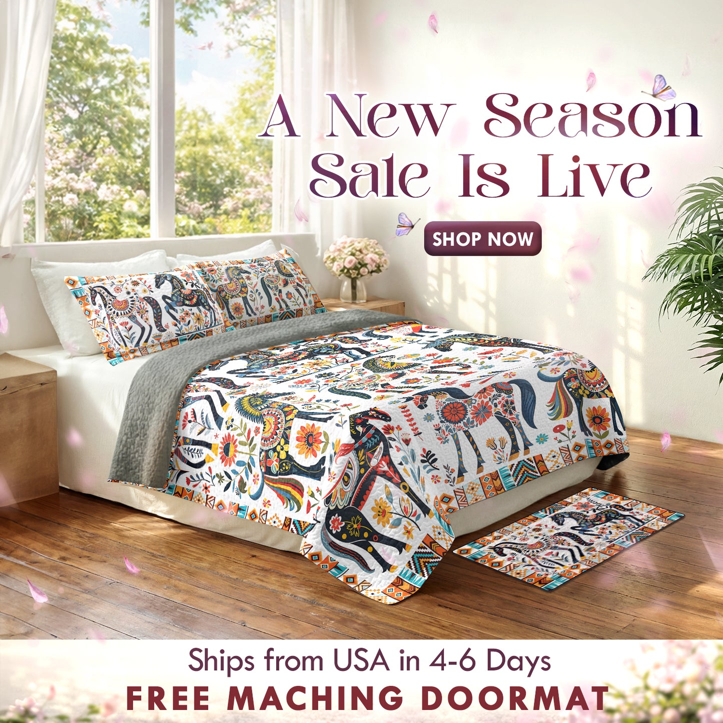 Shineful Quilt 3-Piece Set Horse Floral Pattern