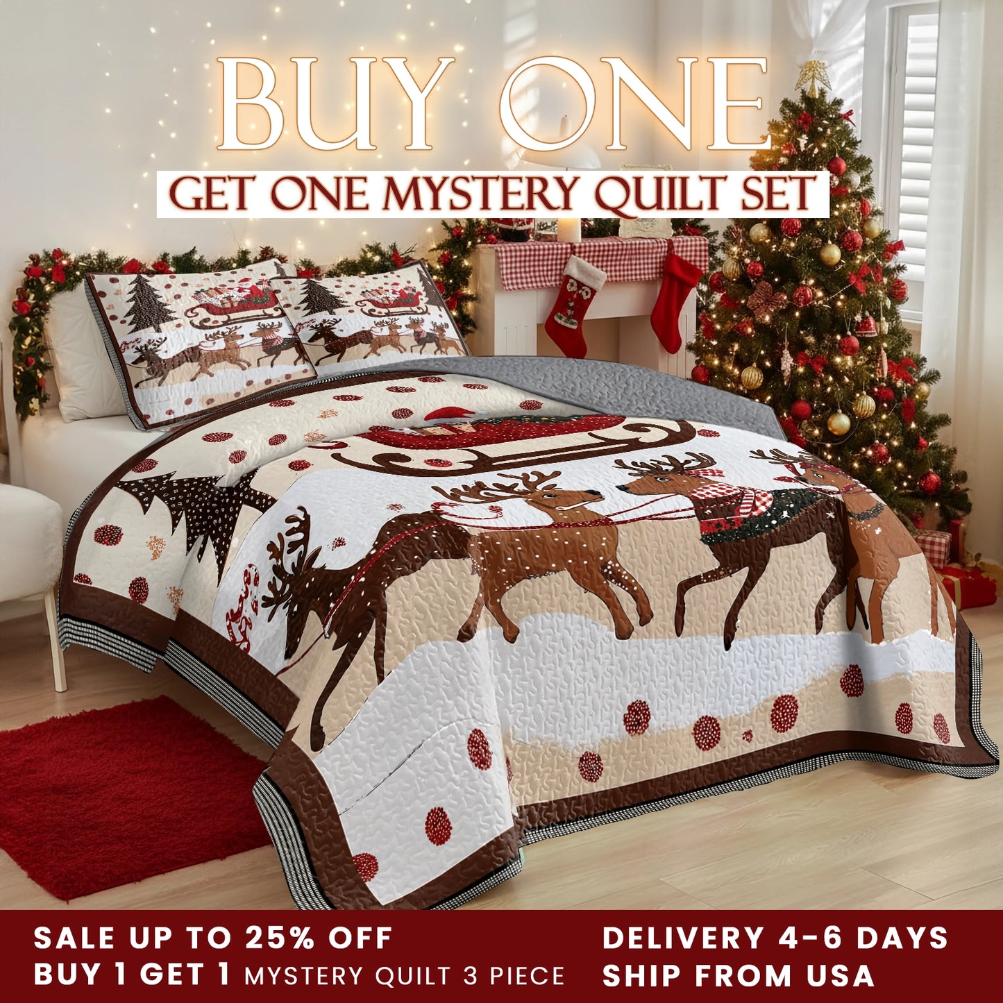 Shineful Quilt 3-Piece Set Cozy Santa Claus With Reindeer Pulling His Sleigh Full Of Gifts