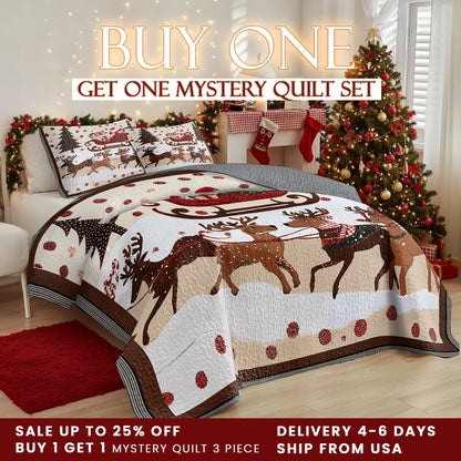 Shineful Quilt 3-Piece Set Cozy Santa Claus With Reindeer Pulling His Sleigh Full Of Gifts