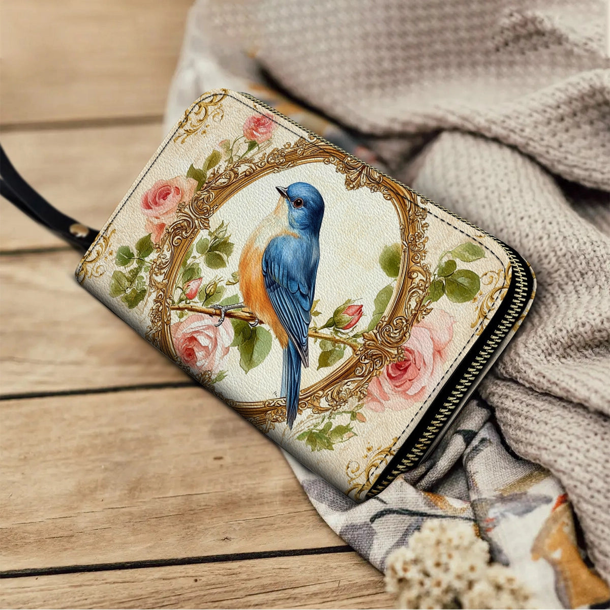 Shineful Leather Clutch Purse With Wristlet Strap Handle Royal Charm Bluebird