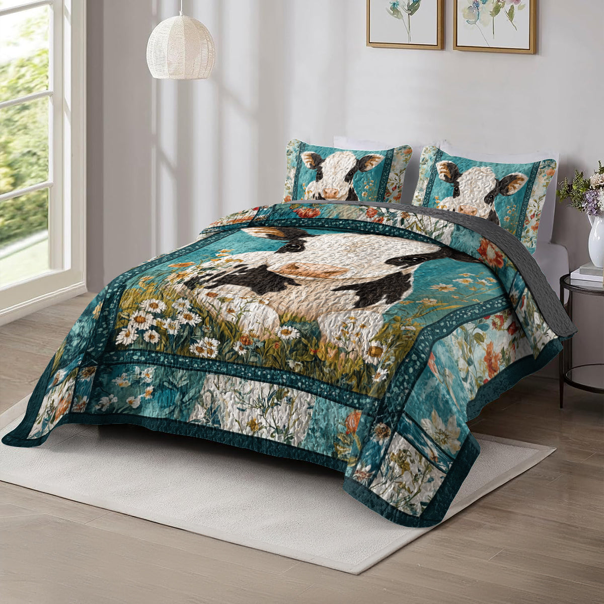 Shineful All Season Quilt 3-Piece Set Cozy Floral Cow
