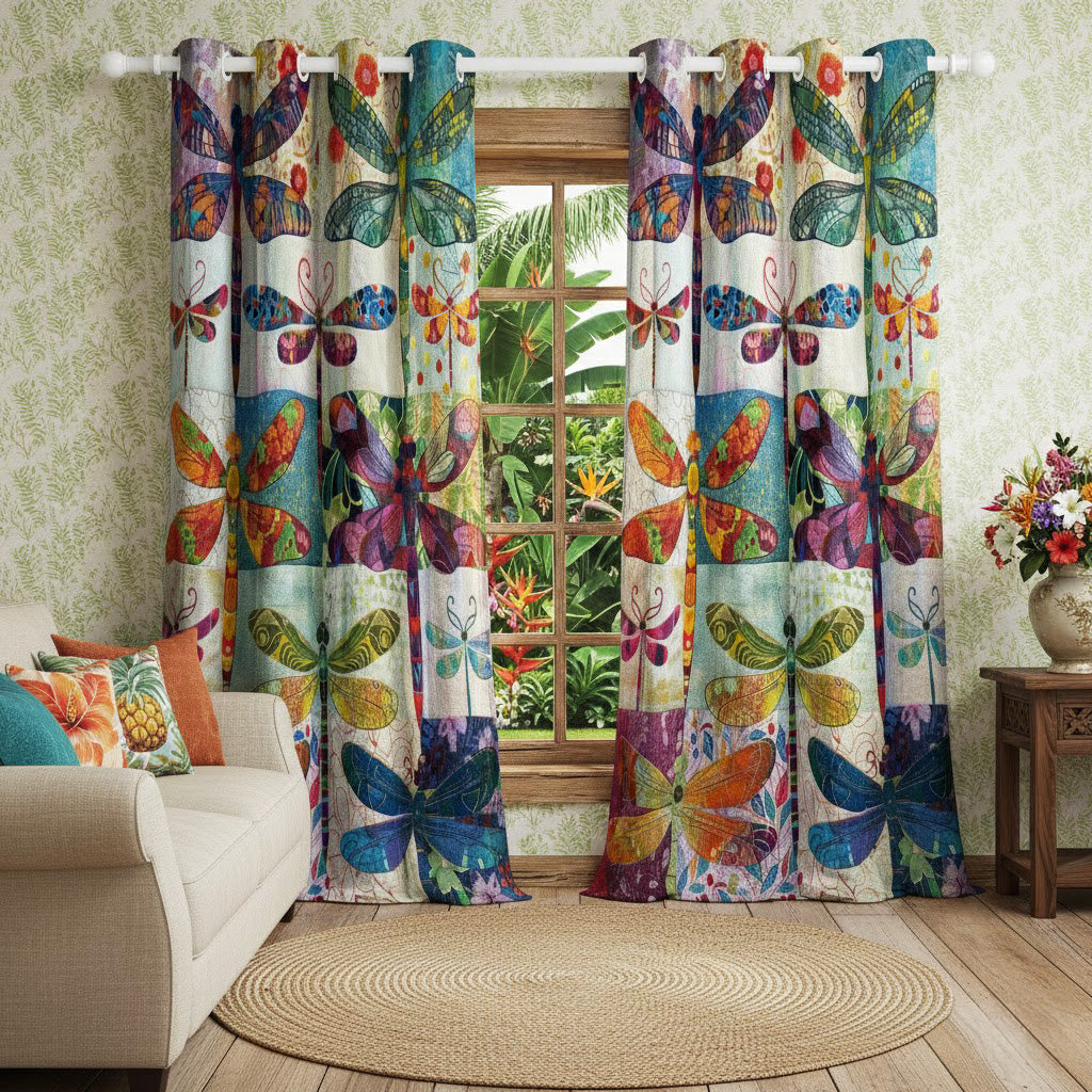 Shineful Quilted Curtain Dragonfly Patchwork