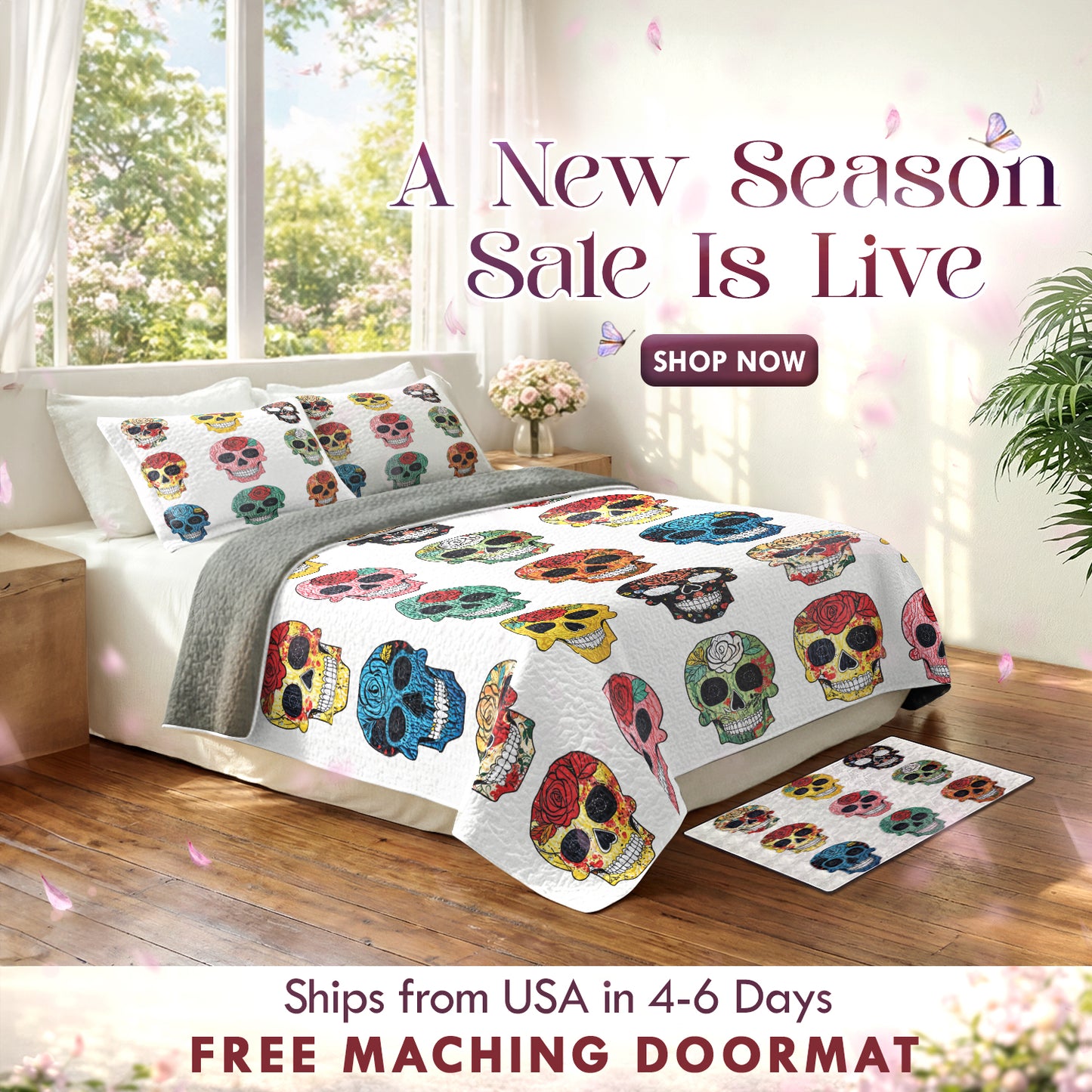 Shineful Quilt 3-Piece Set Colorful Sugar Skull Roses