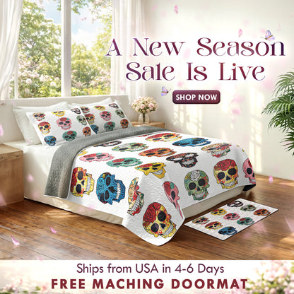 Shineful Quilt 3-Piece Set Colorful Sugar Skull Roses