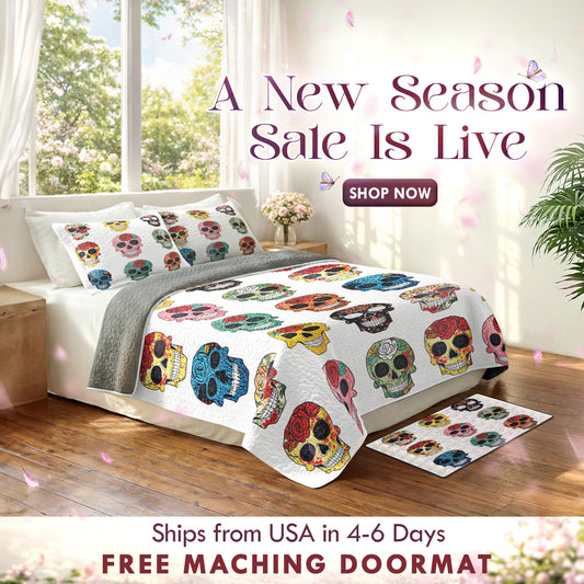 Shineful Quilt 3-Piece Set Colorful Sugar Skull Roses