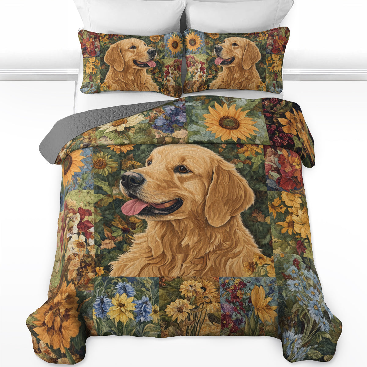 Shineful All Season Quilt 3-Piece Set Golden Retriever Floral Bliss