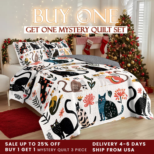 Shineful All Season Quilt 3-Piece Set Botanical Cat Bliss