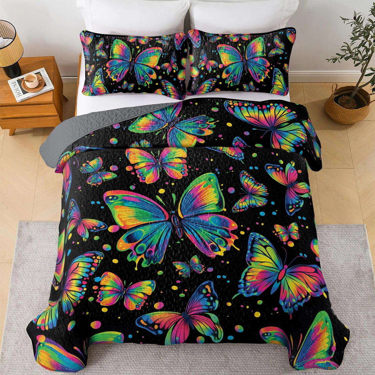 Shineful All Season Quilt 3-Piece Set - Neon Butterfly Dreams