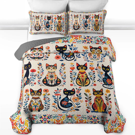 Shineful All Season Quilt 3-Piece Set - Purr-fectly Floral Cat