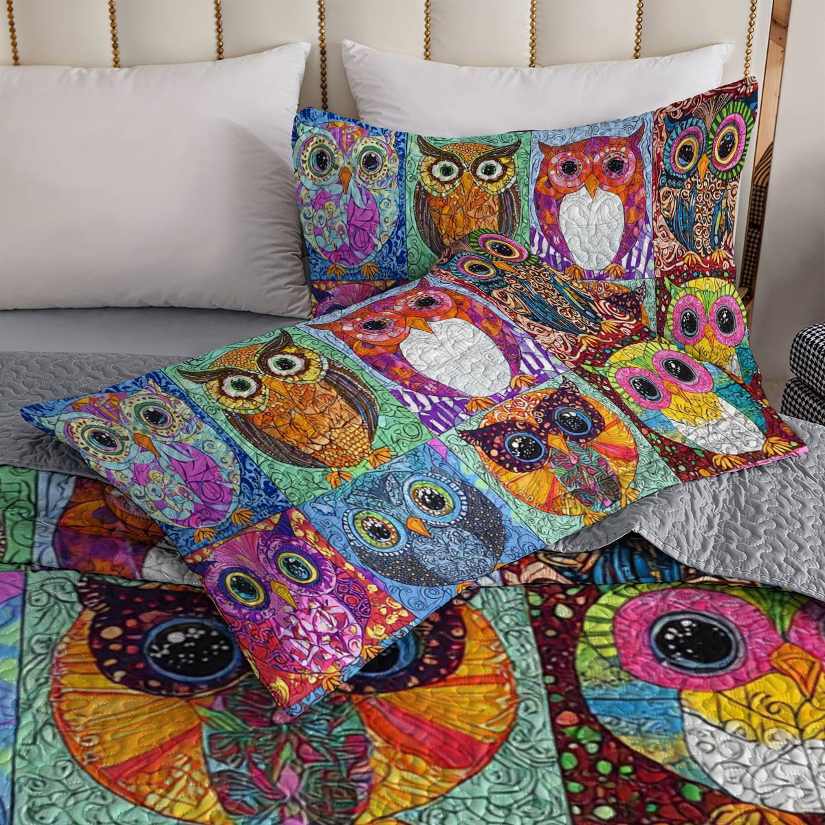 Shineful All Season Quilt 3-Piece Set Colorful Owls World