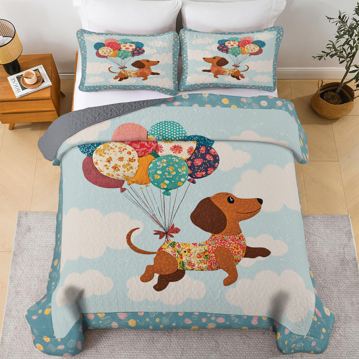 Shineful All Season Quilt 3-Piece Set Dachshund Balloon Ride