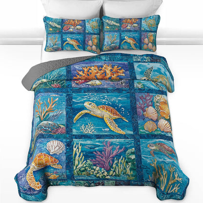 Shineful All Season Quilt 3-Piece Set - Sea Turtle Ocean Patchwork