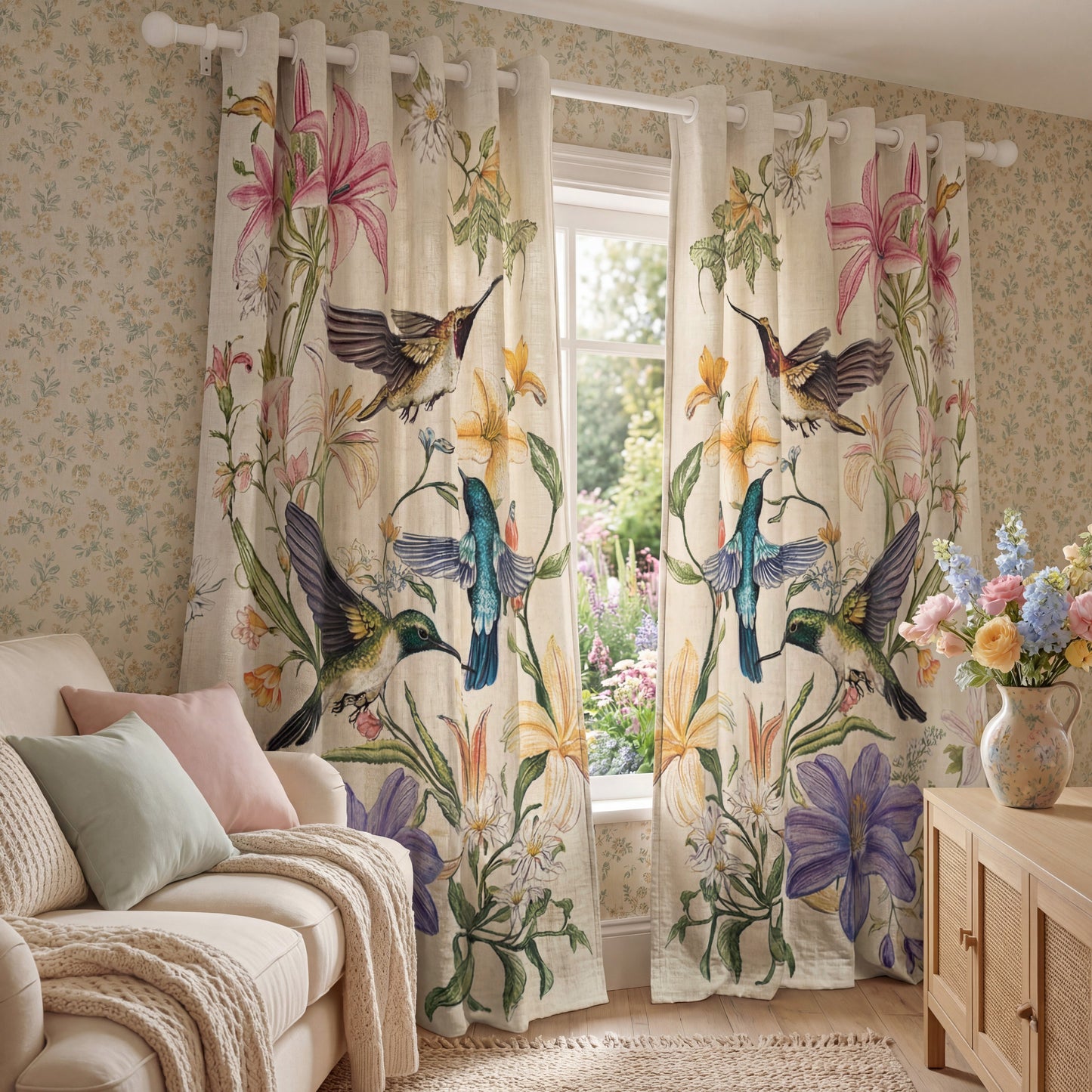 Shineful Quilted Curtain Hummingbird Winged Bloom