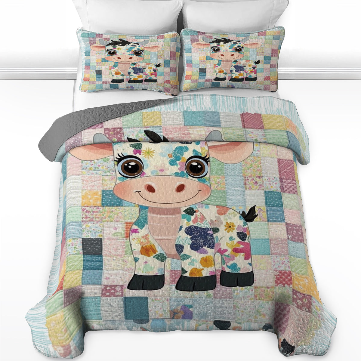 Shineful All Season Quilt 3-Piece Set Adorable Patchwork Cow