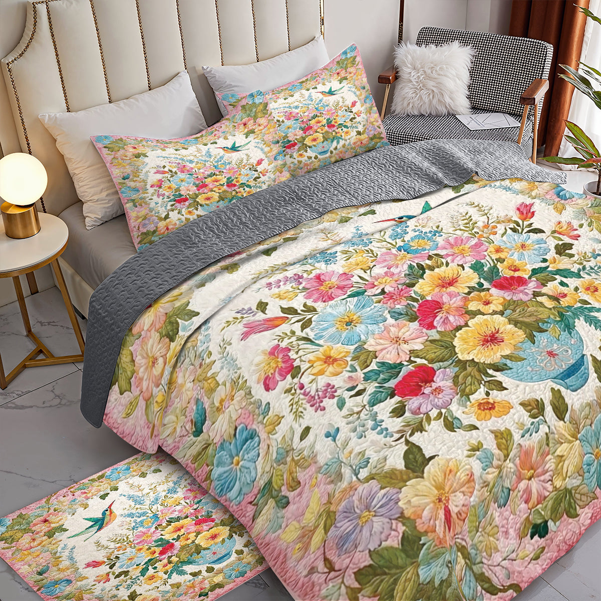 Shineful All Season Quilt 3-Piece Set Romantic Blossom Hummingbird