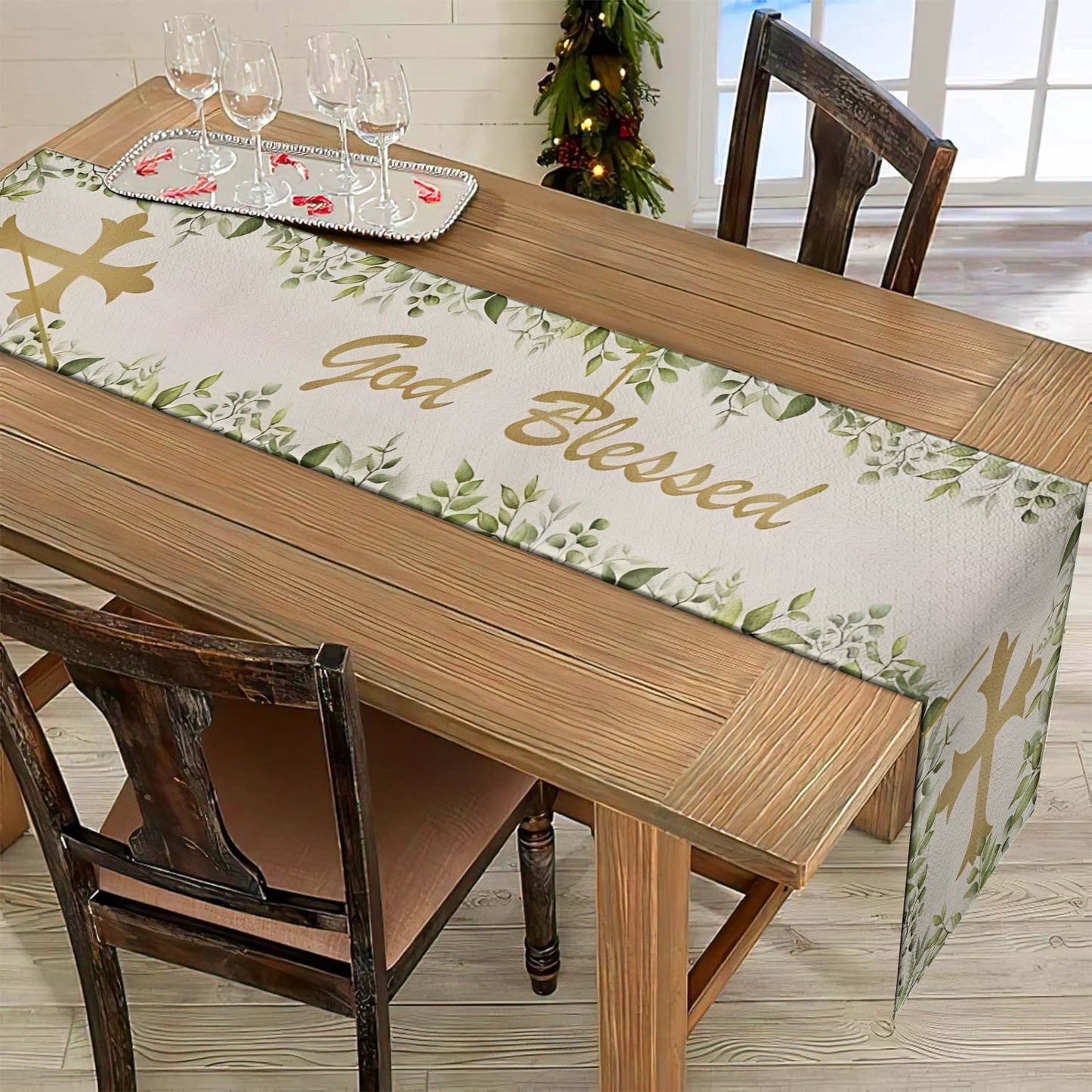 Shineful 2D Flat Print Quilted Table Runner Faithful Blessings Cross