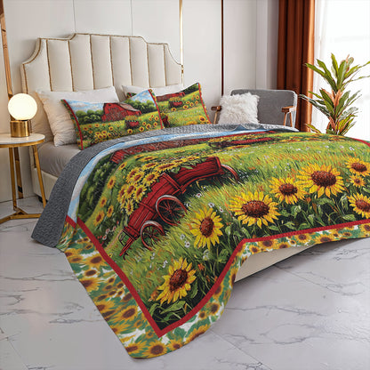Shineful All Season Quilt 3-Piece Set - Barn and Sunflowers Quilt