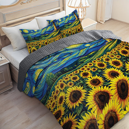 Shineful All Season Quilt 3-Piece Set Vibrant Sunflower Field