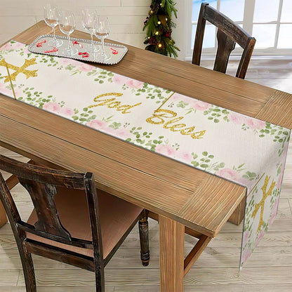 Shineful 2D Flat Print Quilted Table Runner Cross & Bloom Floral