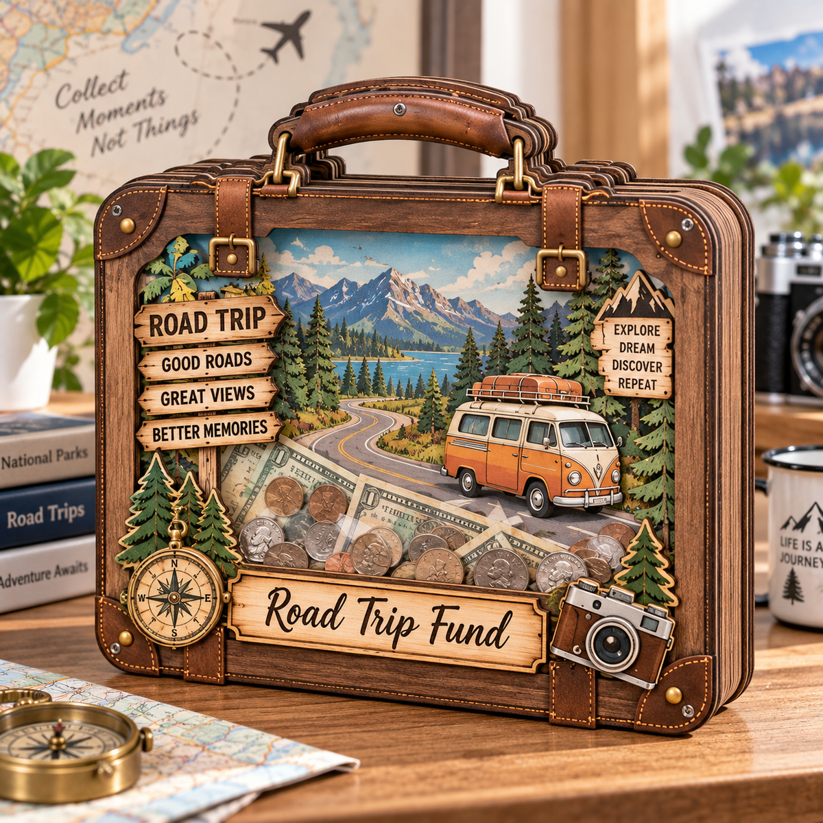 Road Trip Fund Wooden Coin Bank