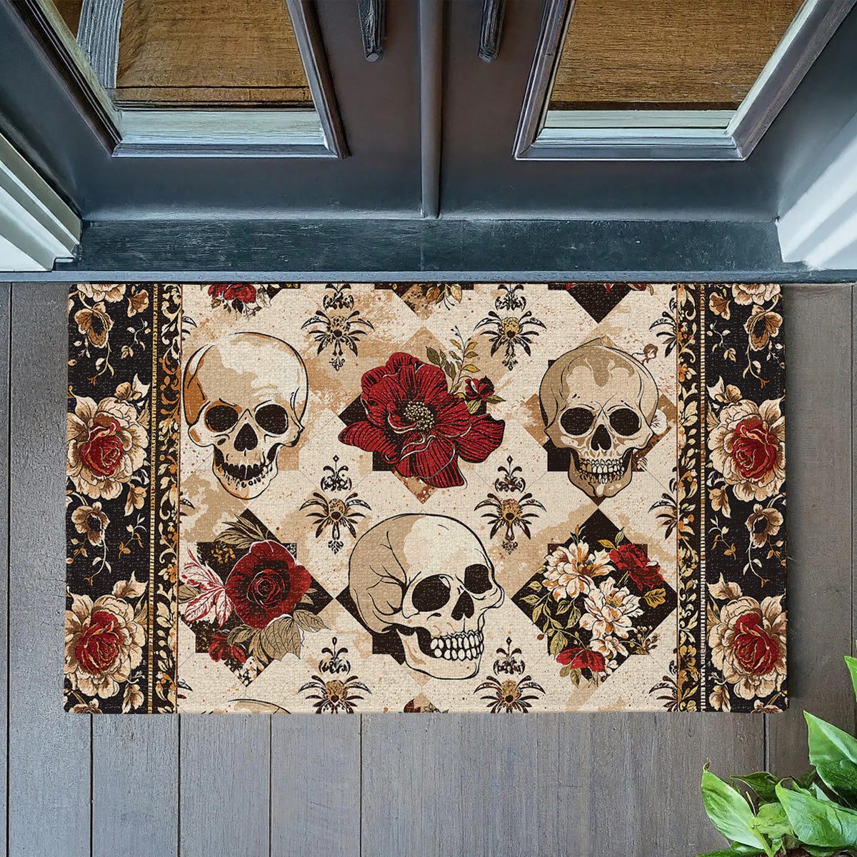 Shineful Elegent Skull Roses Ultra-Thin Non Skid Floor Mat, Kitchen Rugs