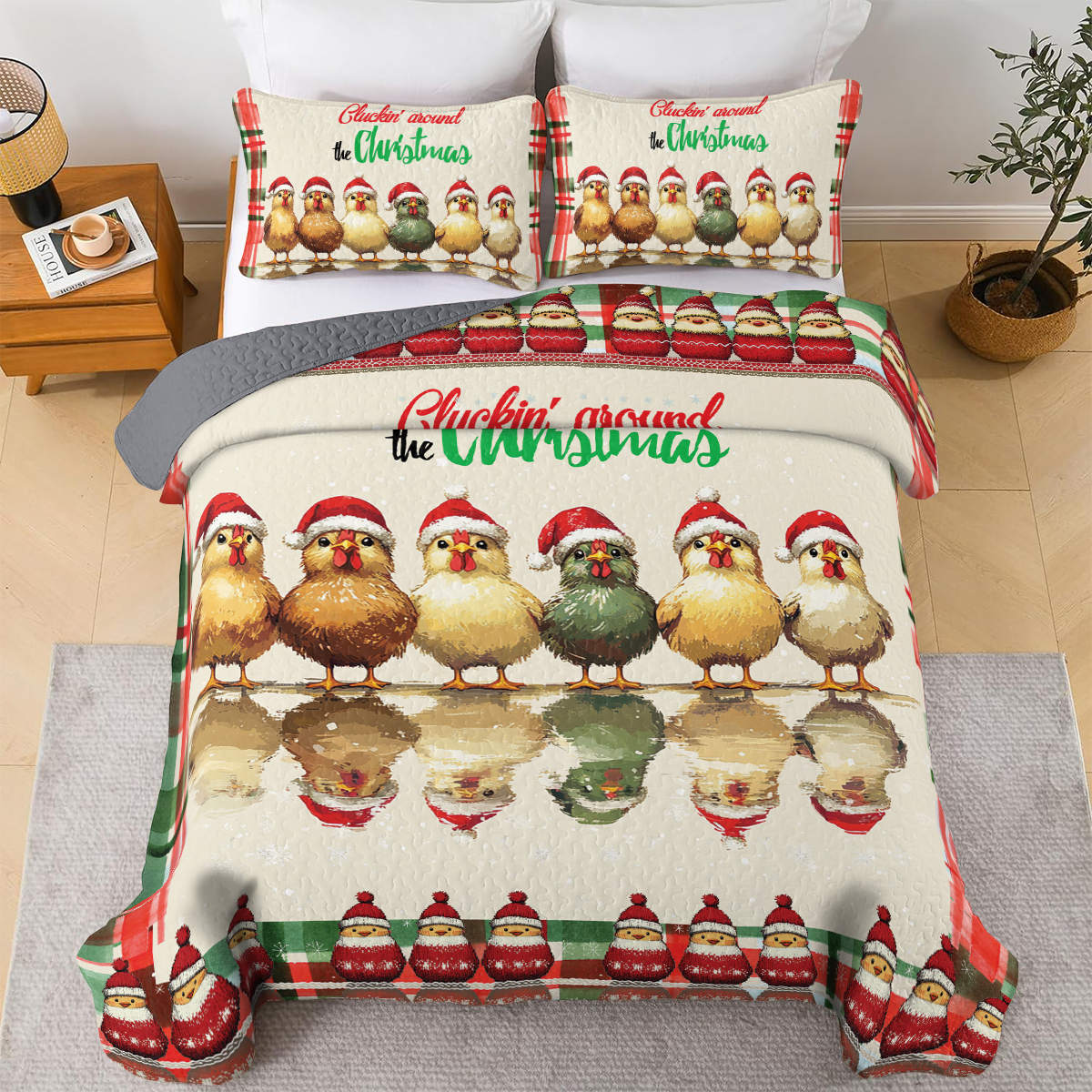 Shineful All Season Quilt 3-Piece Set - Festive Chicken Christmas