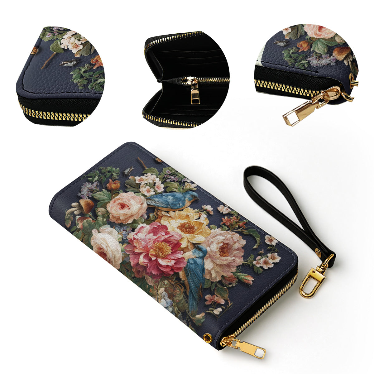 Shineful Leather Clutch Purse With Wristlet Strap Handle Midnight Bluebird Garden