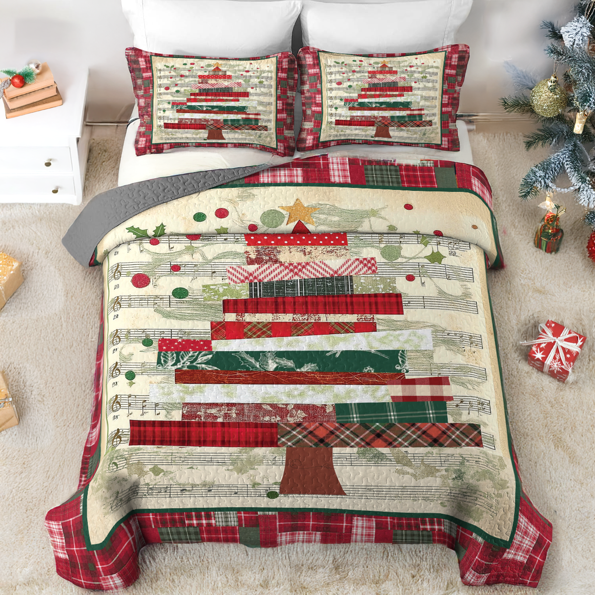 Shineful All Season Quilt 3-Piece Set Plaid Christmas Music Tree