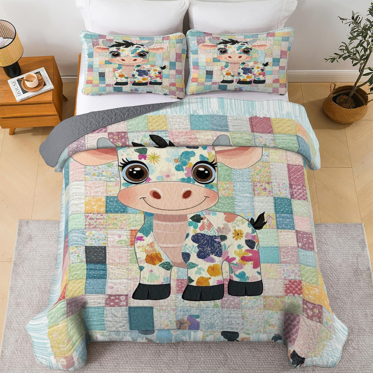 Shineful All Season Quilt 3-Piece Set Adorable Patchwork Cow