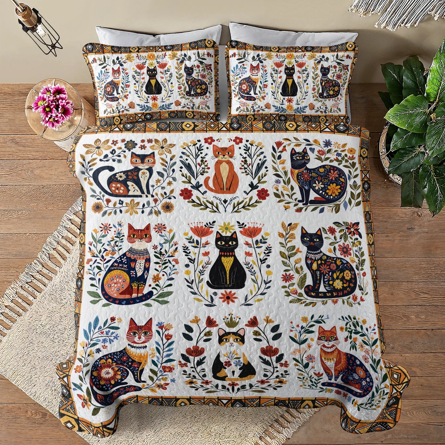 Shineful All Season Quilt 3-Piece Set Folk Art Cat Garden