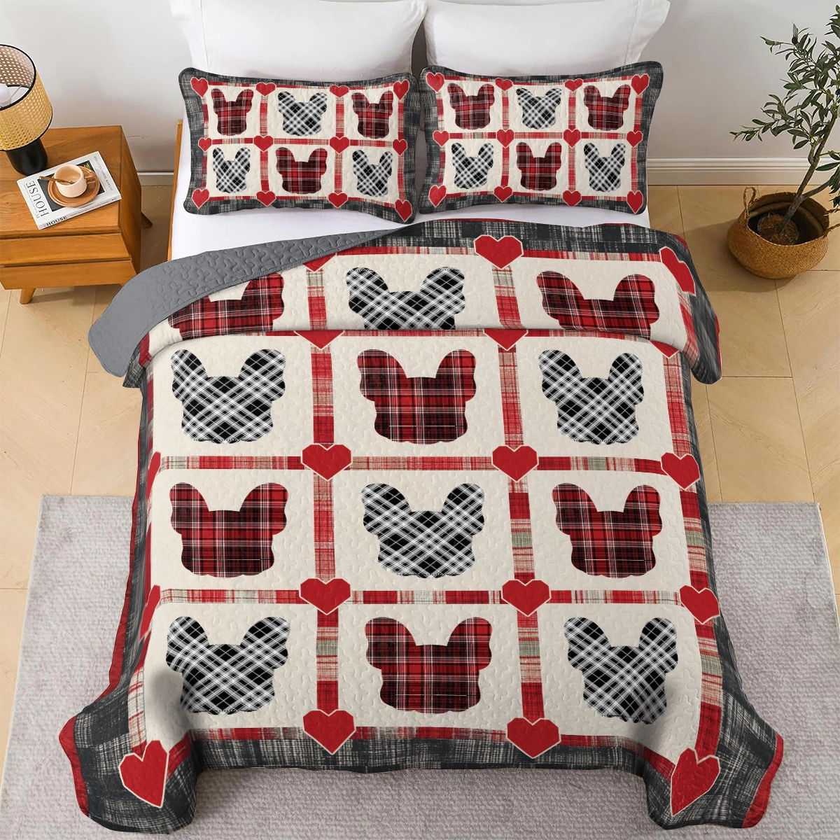 Shineful All Season Quilt 3-Piece Set French Bulldog Love Plaid