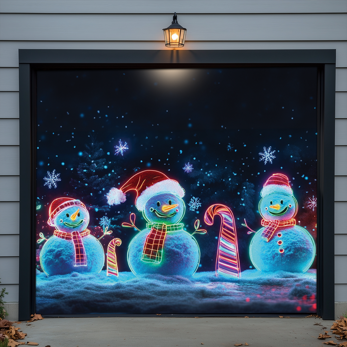 Shineful Garage Door Banner Decoration Snowy Night Snowmen