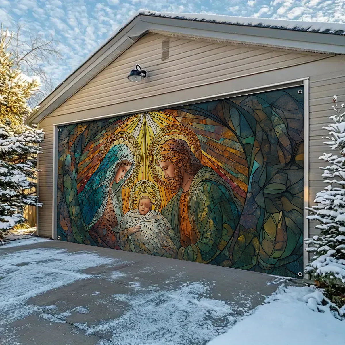 Shineful Garage Door Banner Decoration Holy Nativity Stained Glass