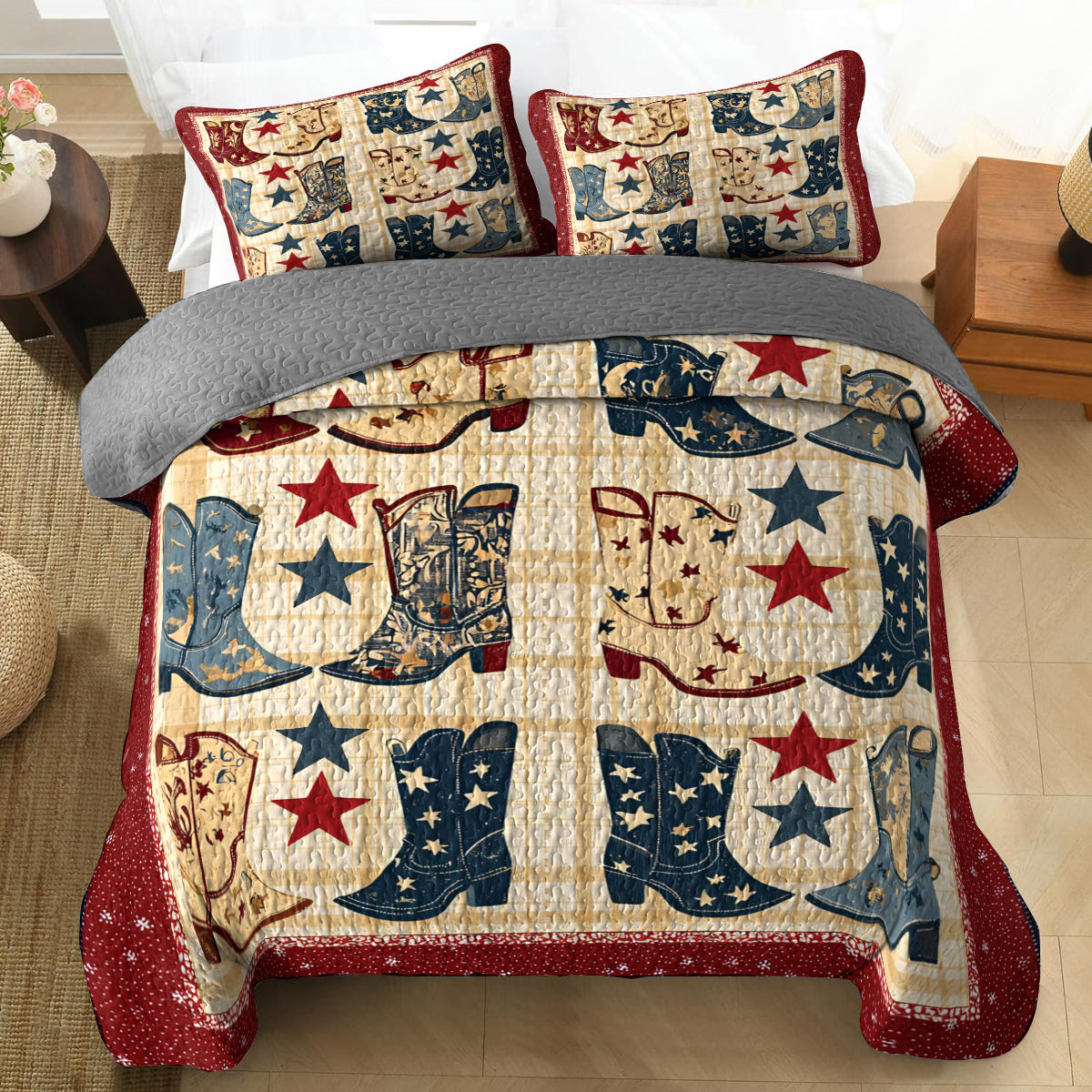 Shineful All Season Quilt 3-Piece Set Vintage Cowboy Boots