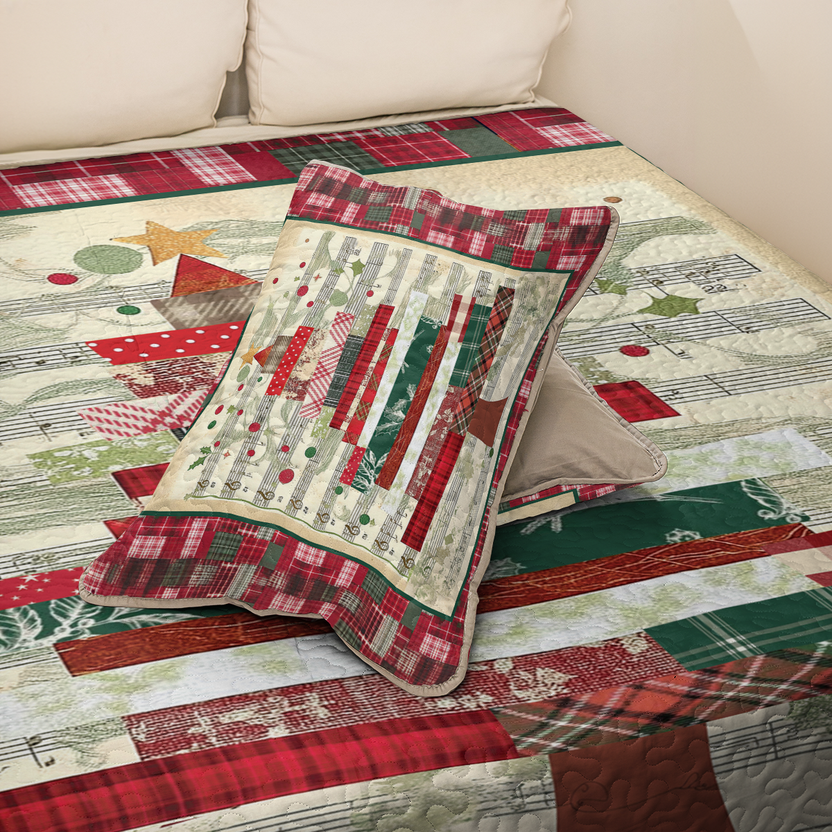 Shineful All Season Quilt 3-Piece Set Plaid Christmas Music Tree