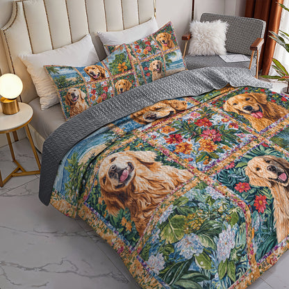 Shineful All Season Quilt 3-Piece Set  Golden Retriever Beach & Floral