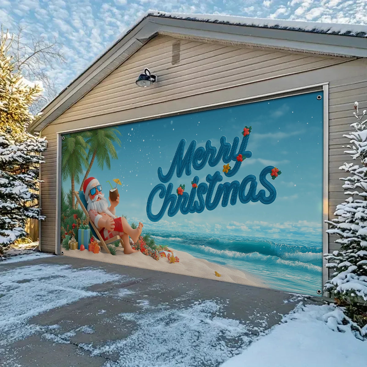 Shineful Garage Door Banner Decoration Tropical Santa Beach Break