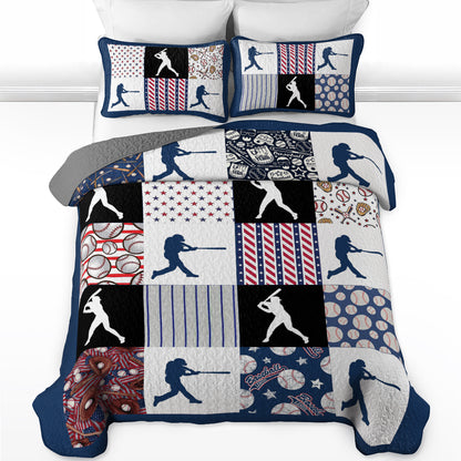 Shineful All Season Quilt 3-Piece Set Patriotic Baseball Patchwork
