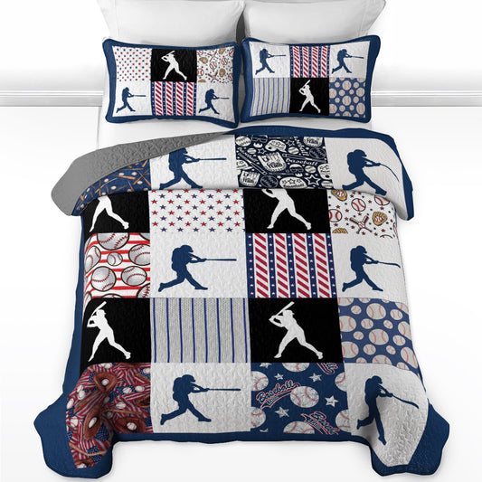 Shineful All Season Quilt 3-Piece Set Patriotic Baseball Patchwork