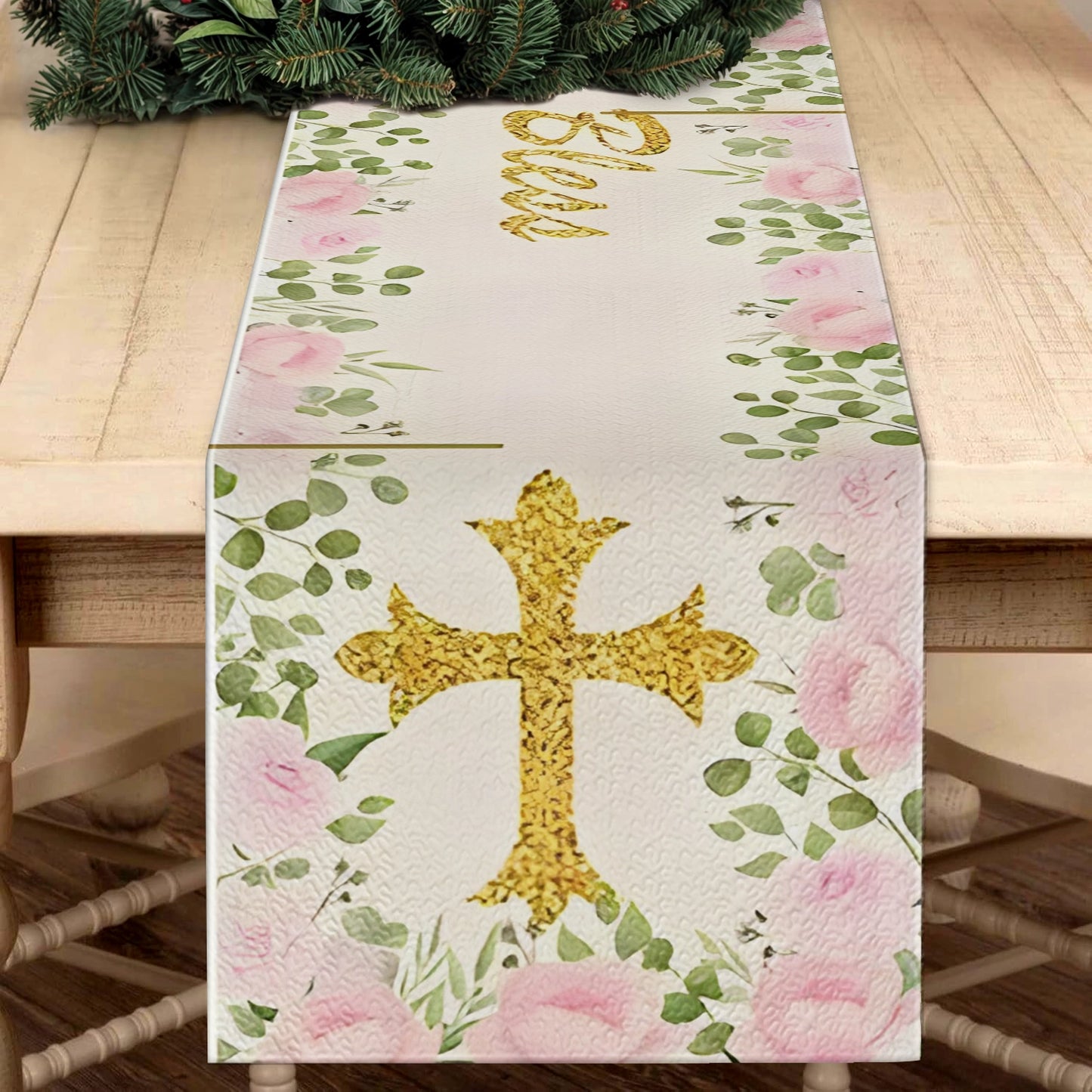 Shineful 2D Flat Print Quilted Table Runner Cross & Bloom Floral