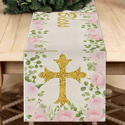 Shineful 2D Flat Print Quilted Table Runner Cross & Bloom Floral