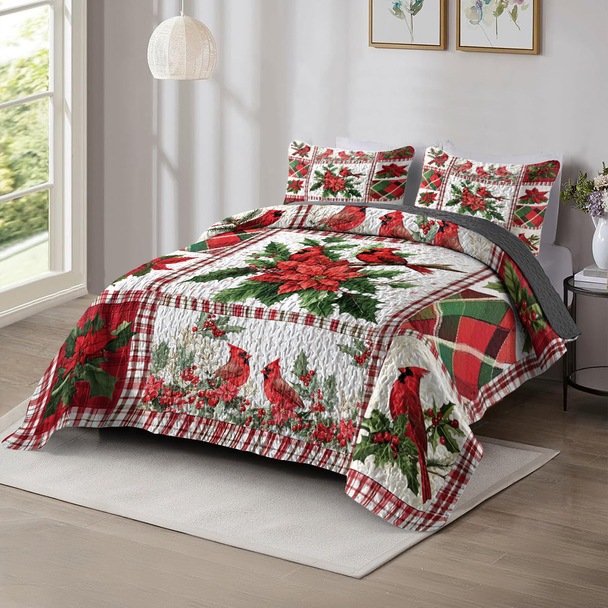 Shineful All Season Quilt 3-Piece Set Festive Christmas Cardinal