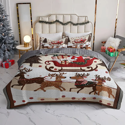 Shineful Quilt 3-Piece Set Cozy Santa Claus With Reindeer Pulling His Sleigh Full Of Gifts