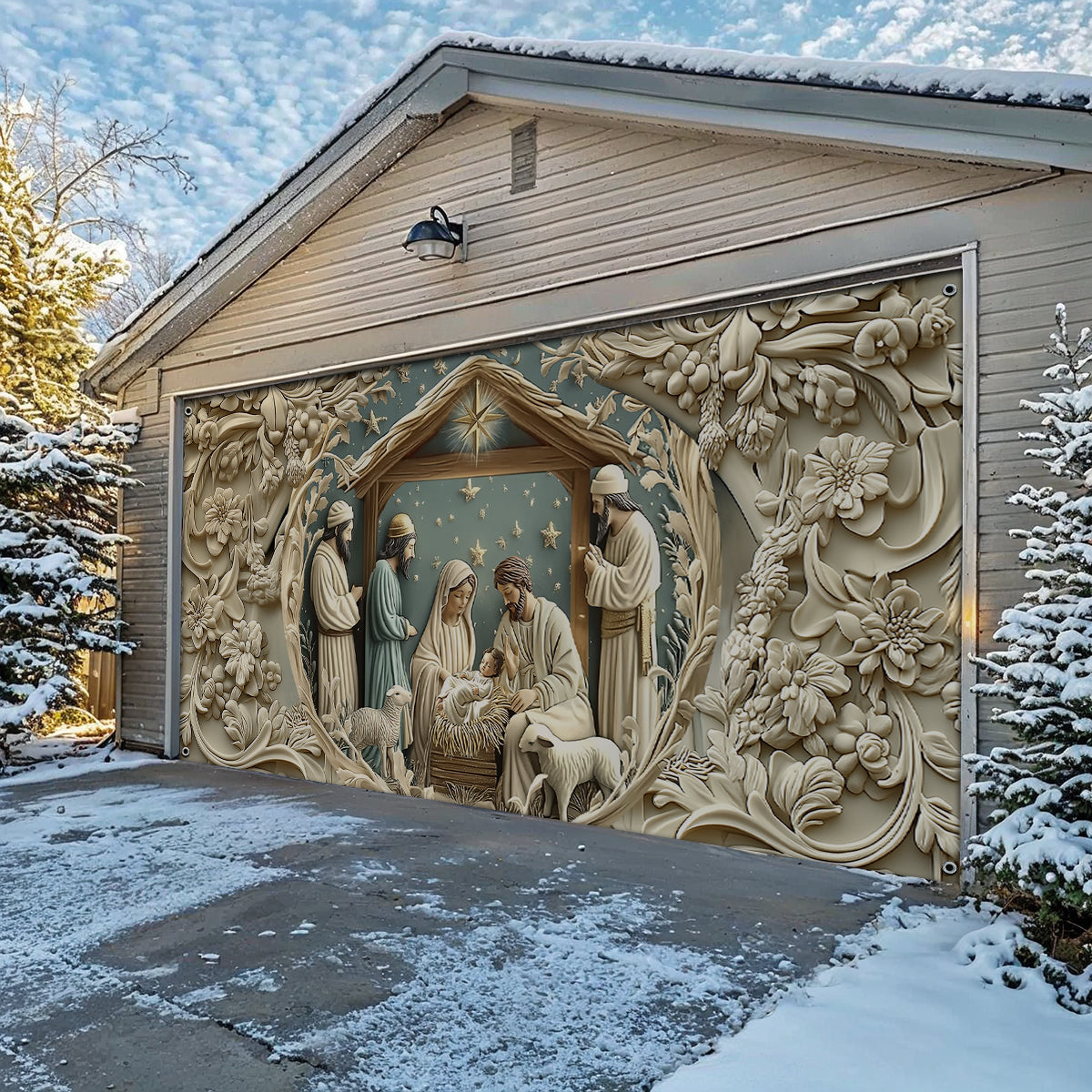 Shineful Garage Door Banner Decoration - Starry Night Adoration Nativity