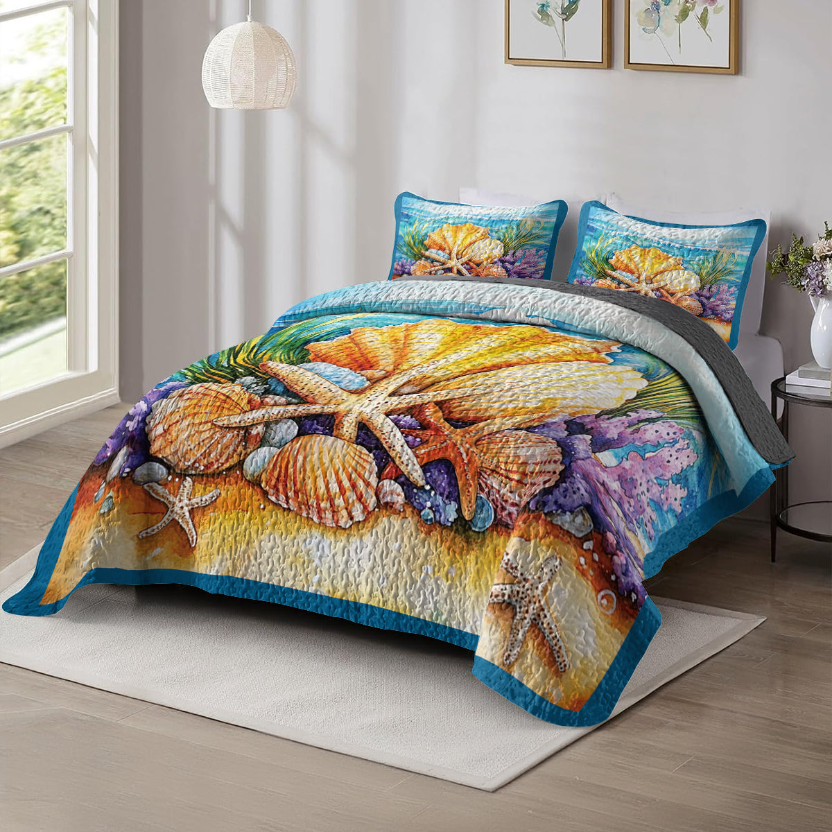 Shineful All Season Quilt 3-Piece Set Seashells On The Beach