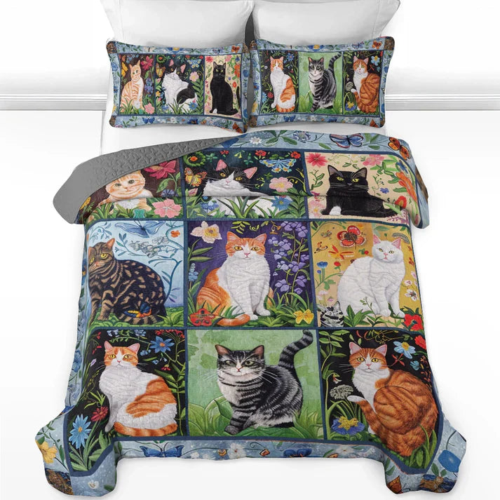 Shineful Quilt 3-Piece Set Cat Floral Felines