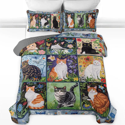 Shineful Quilt 3-Piece Set Cat Floral Felines