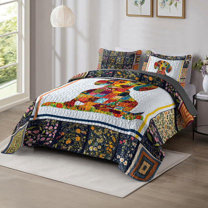 Shineful All Season Quilt 3-Piece Set - Happy Dachshund With Beautiful Flowers