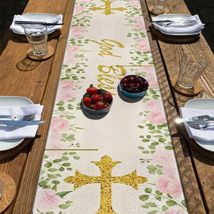 Shineful 2D Flat Print Quilted Table Runner Cross & Bloom Floral